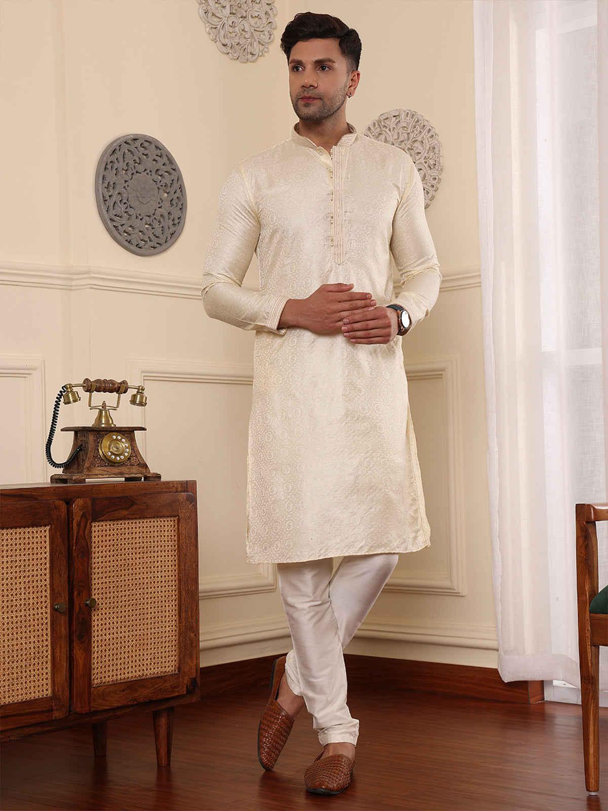 DAISY | Elegance Off White Jaquard Men's  | Mandarin Collar Kurta