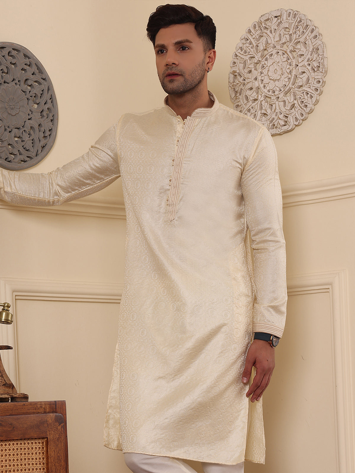 DAISY | Elegance Off White Jaquard Men's  | Mandarin Collar Kurta