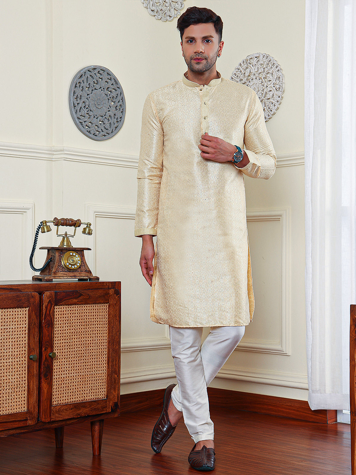 Gardenia | Elegance Cream Colour Jaquard Men's  | Mandarin Collar Kurta