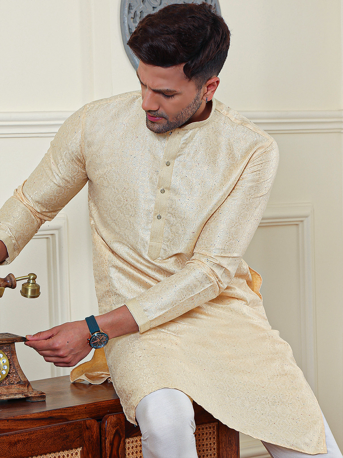 Gardenia | Elegance Cream Colour Jaquard Men's  | Mandarin Collar Kurta