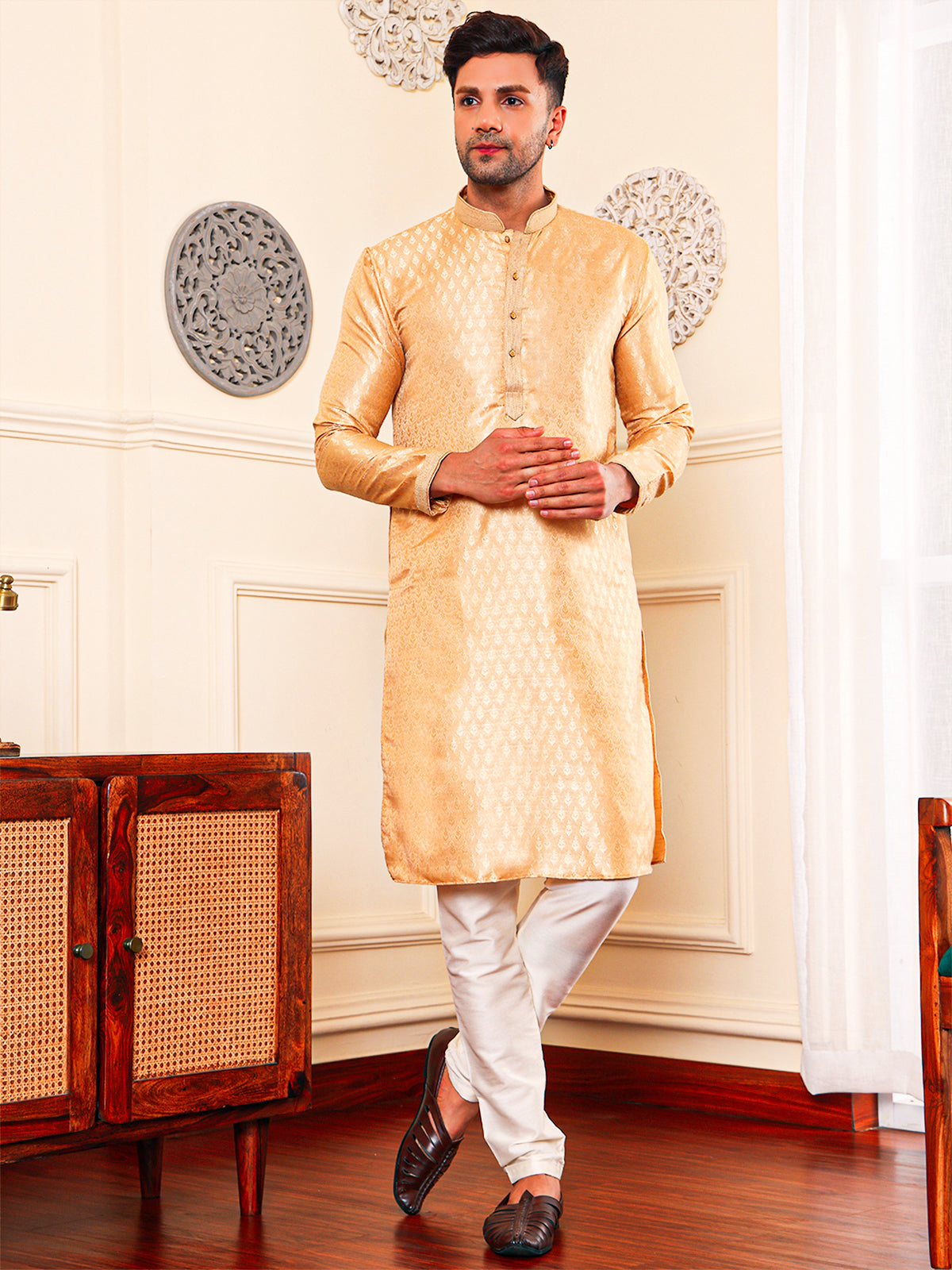 Capriccio | Embroidered Designer Gold Color Men's  | Mandarin Collar Kurta