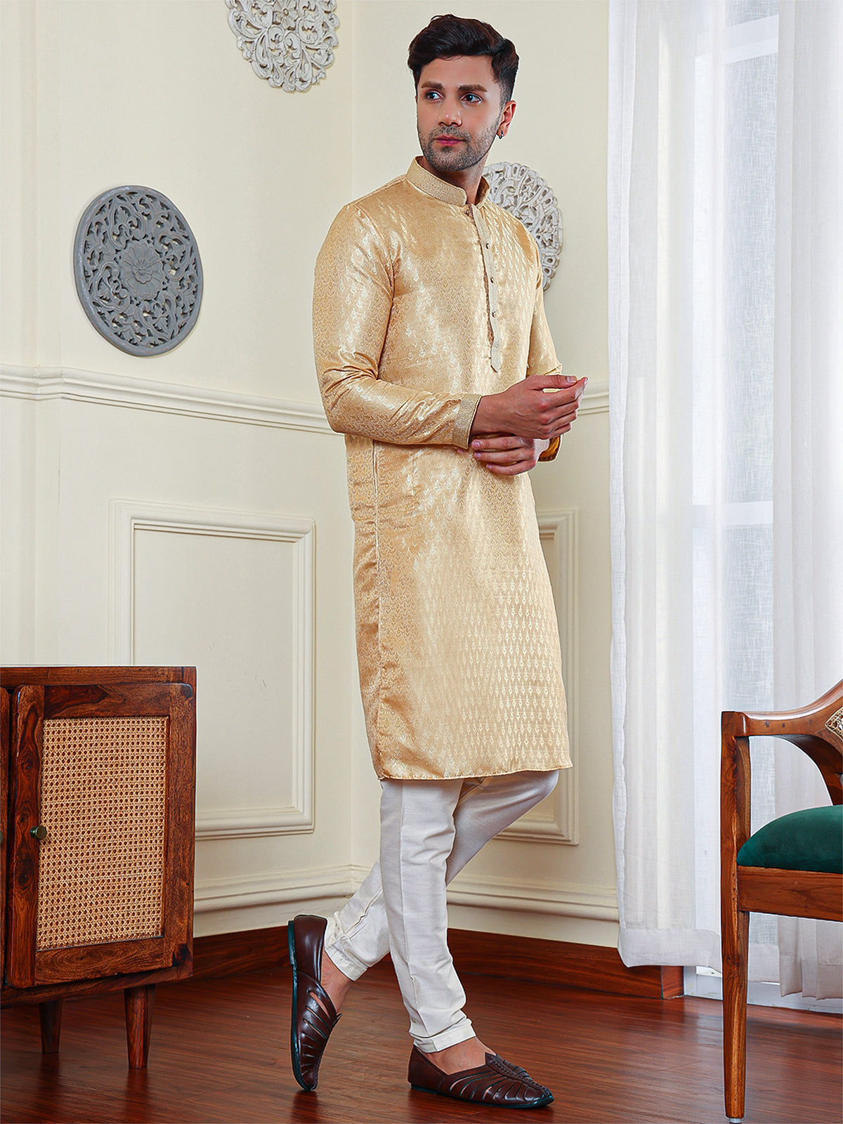 Bidens | Elegance Gold Jacquard Men's  | Mandarin Collar Kurta