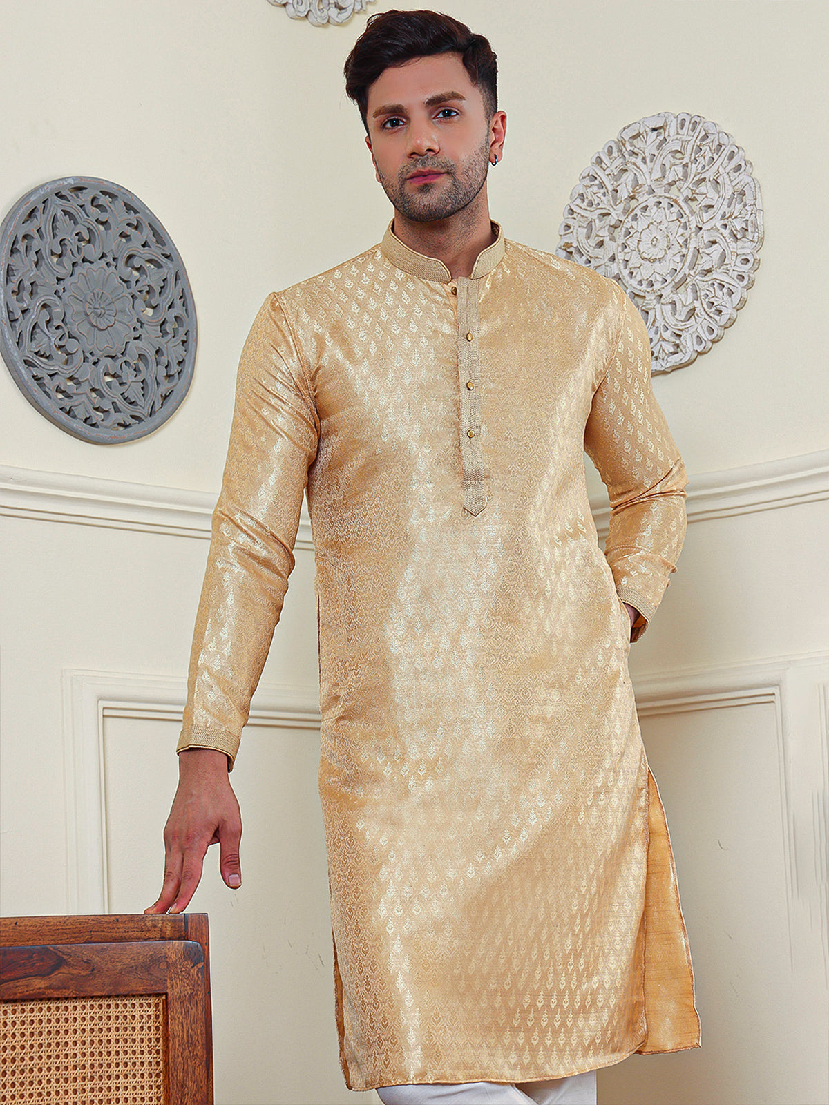 Bidens | Elegance Gold Jacquard Men's  | Mandarin Collar Kurta