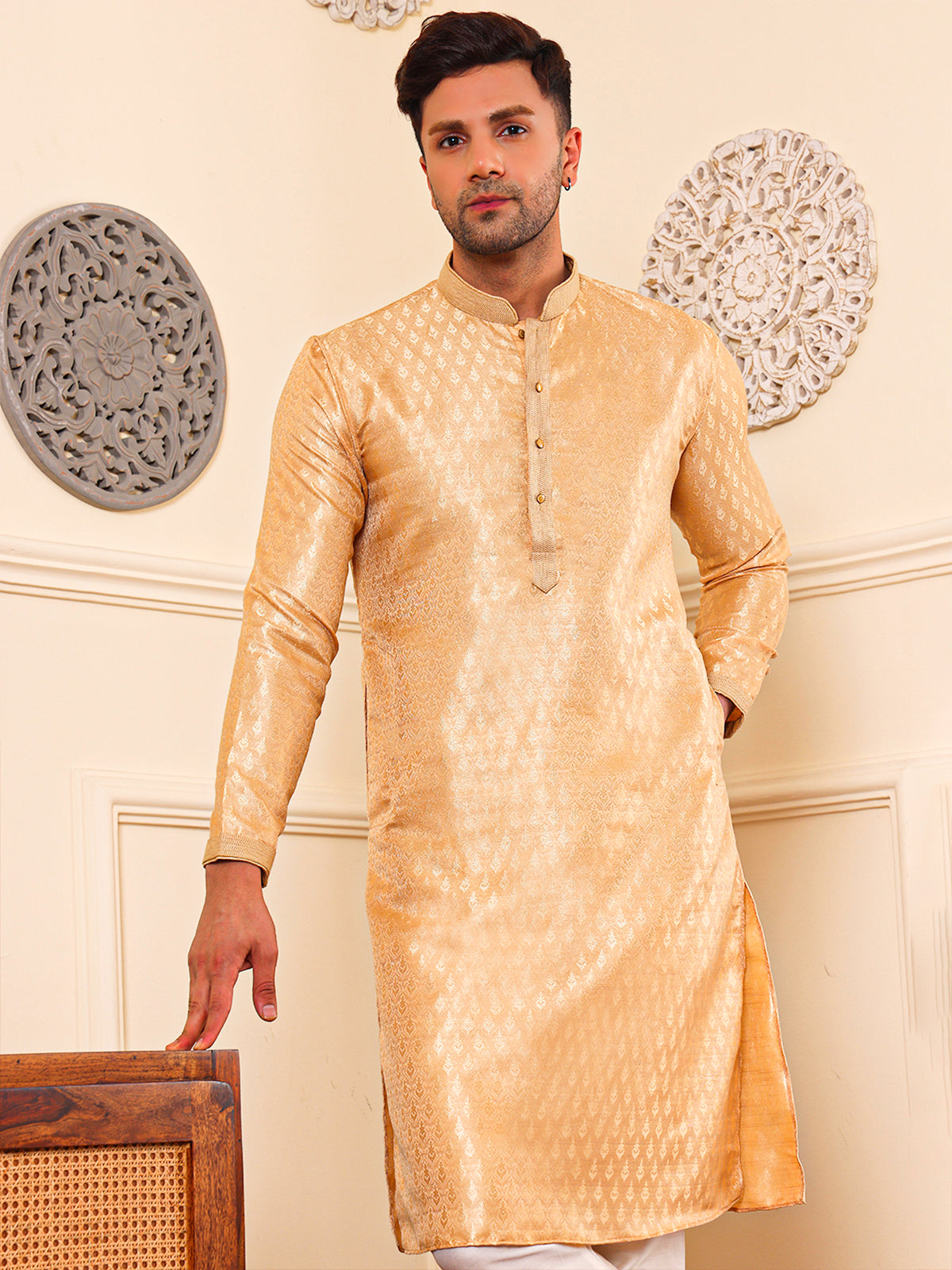 Capriccio | Embroidered Designer Gold Color Men's  | Mandarin Collar Kurta