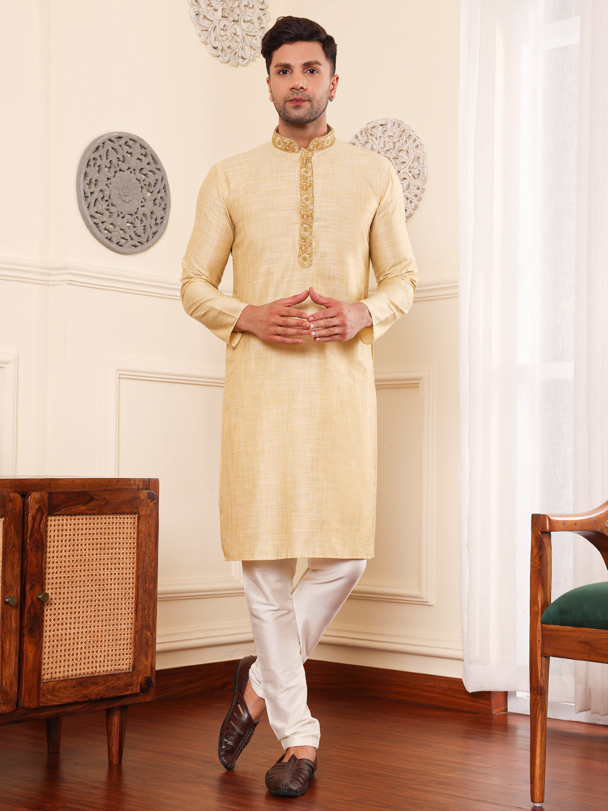 Caramel Antique | Embroidered Designer Cream Color Men's  | Mandarin Collar Kurta