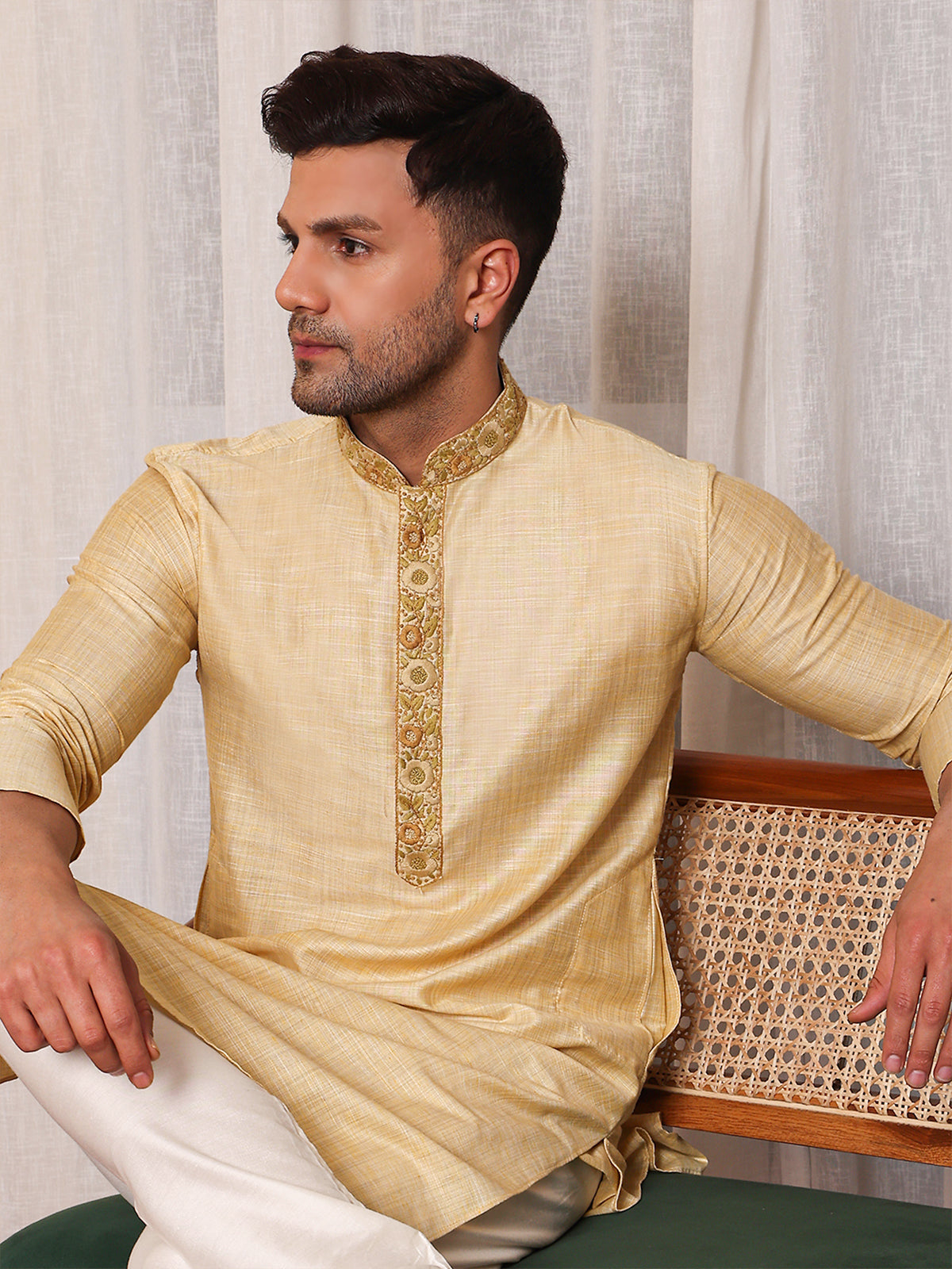 Caramel Antique | Embroidered Designer Cream Color Men's  | Mandarin Collar Kurta