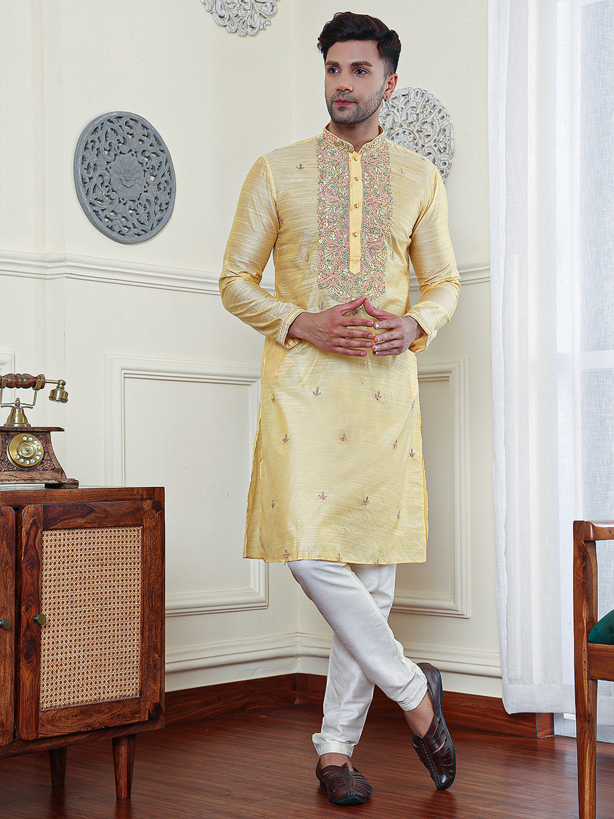 Aurous | Embroidered Designer Gold Color Men's  | Mandarin Collar Kurta