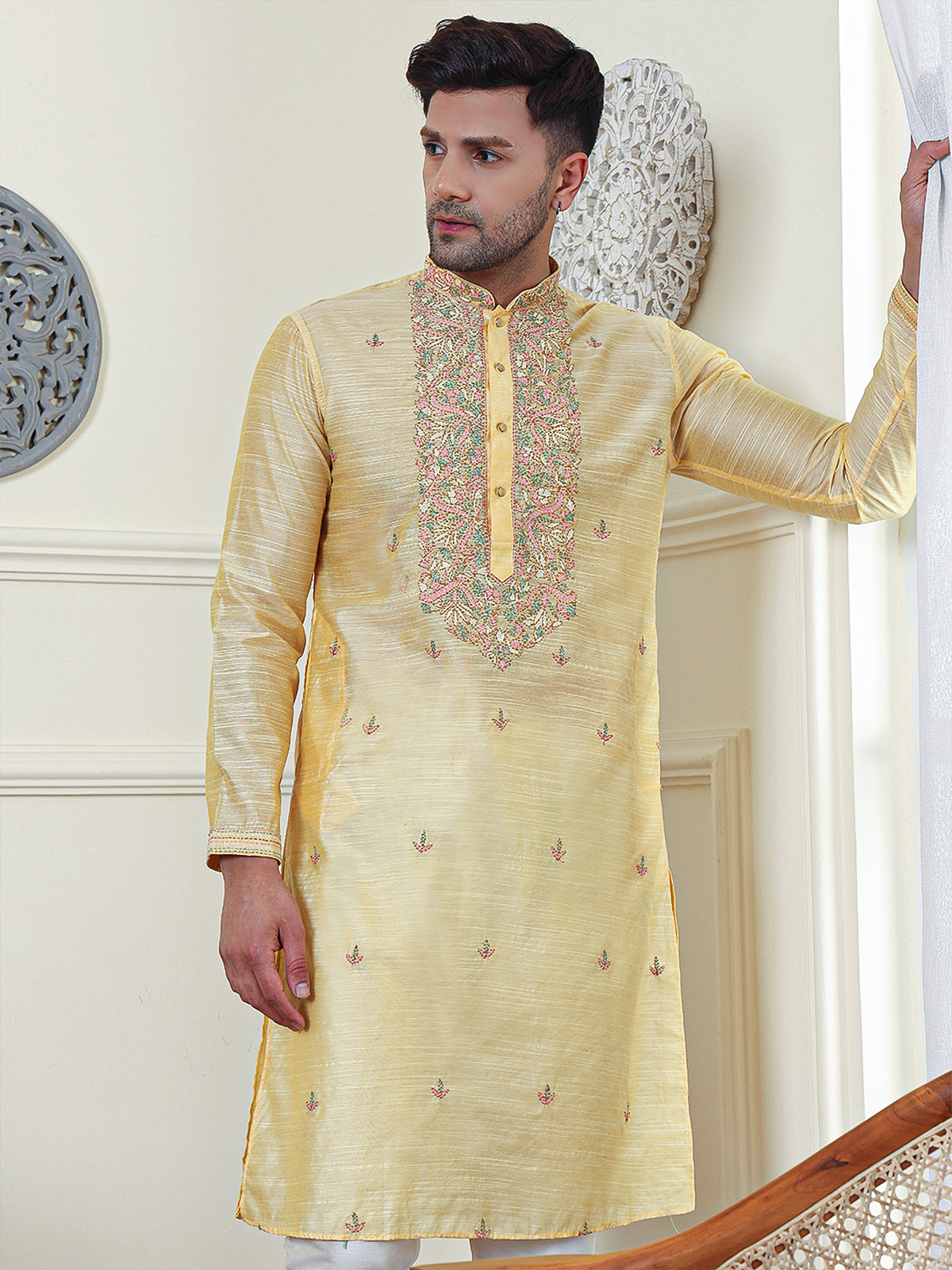 Aurous | Embroidered Designer Gold Color Men's  | Mandarin Collar Kurta