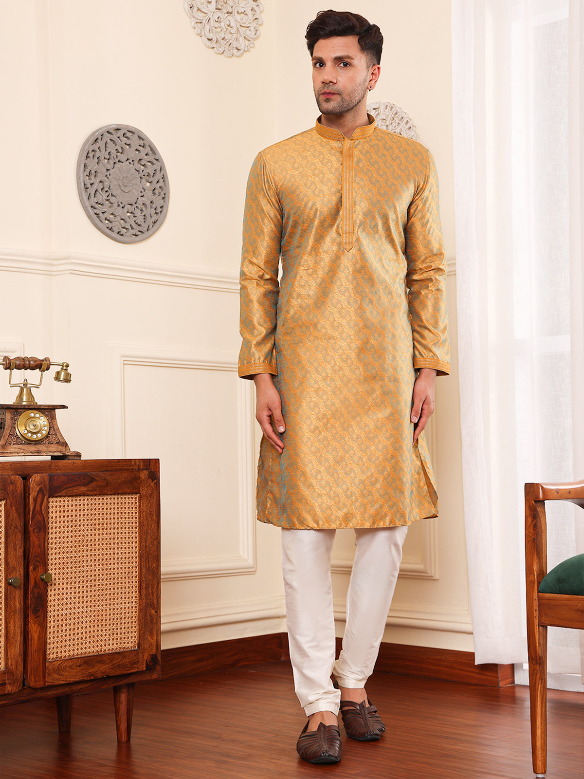 Citrine | Elegance Yellow Jacquard Men's  | Mandarin Collar Kurta