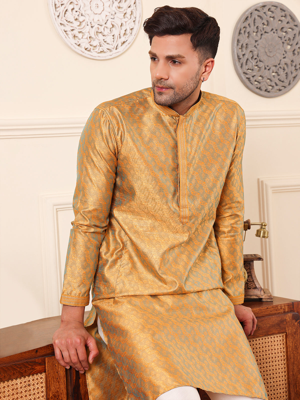 Citrine | Elegance Yellow Jacquard Men's  | Mandarin Collar Kurta