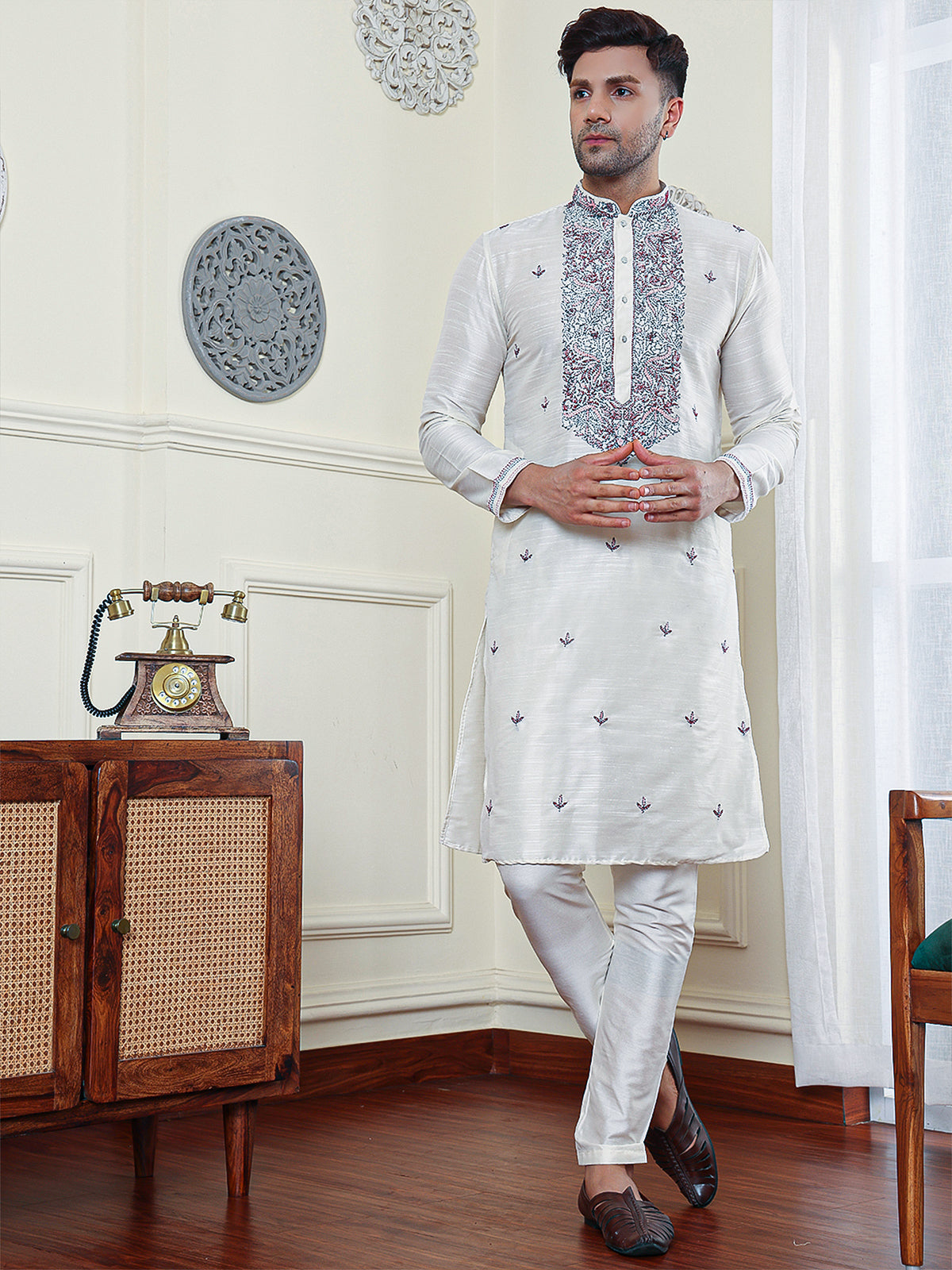 Snowdrop | Embroidered Designer Off White Color Men's  | Mandarin Collar Kurta