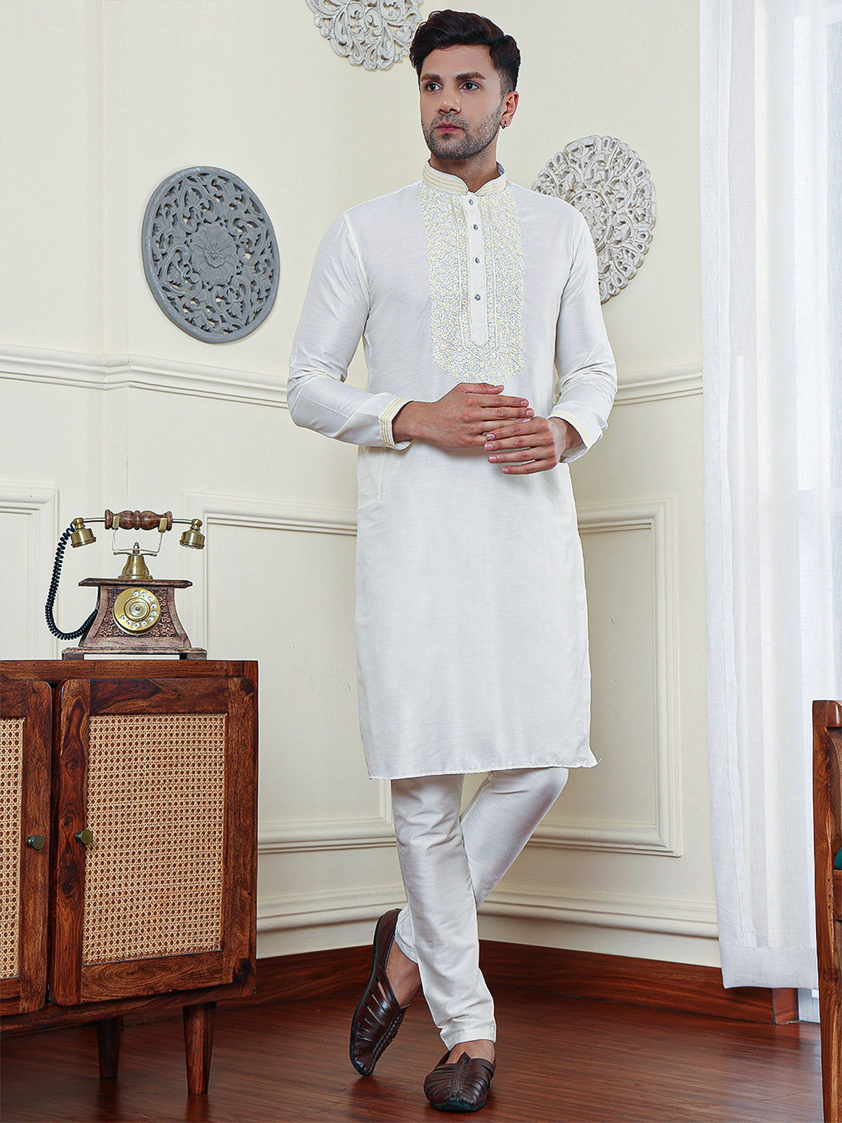 Carnation | Embroidered Designer Off White Color Men's  | Mandarin Collar Kurta