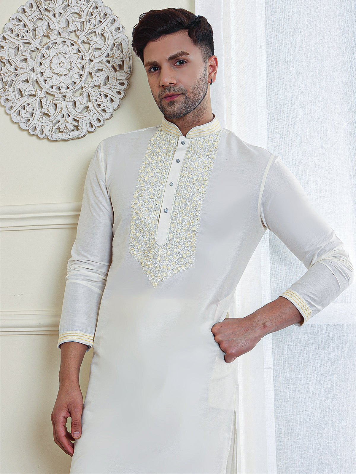 Carnation | Embroidered Designer Off White Color Men's  | Mandarin Collar Kurta