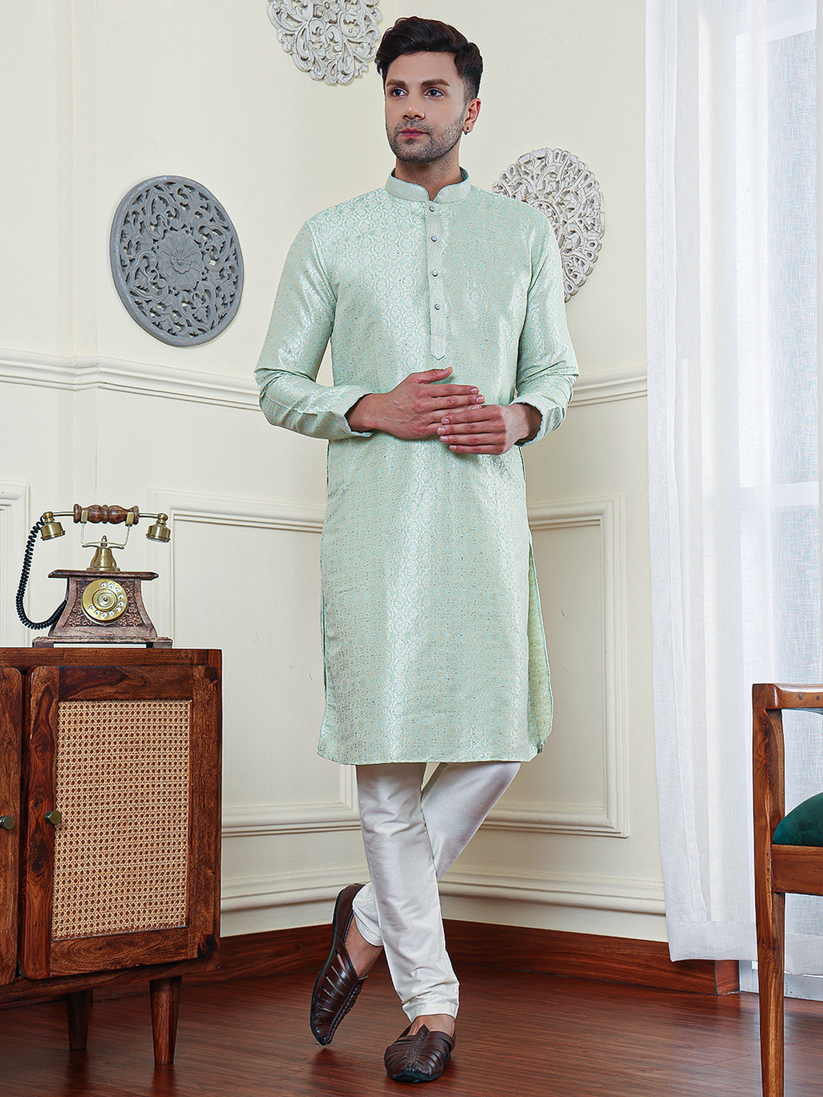 Zinnias | Elegance Light Green Jacquard Men's  | Mandarin Collar Kurta