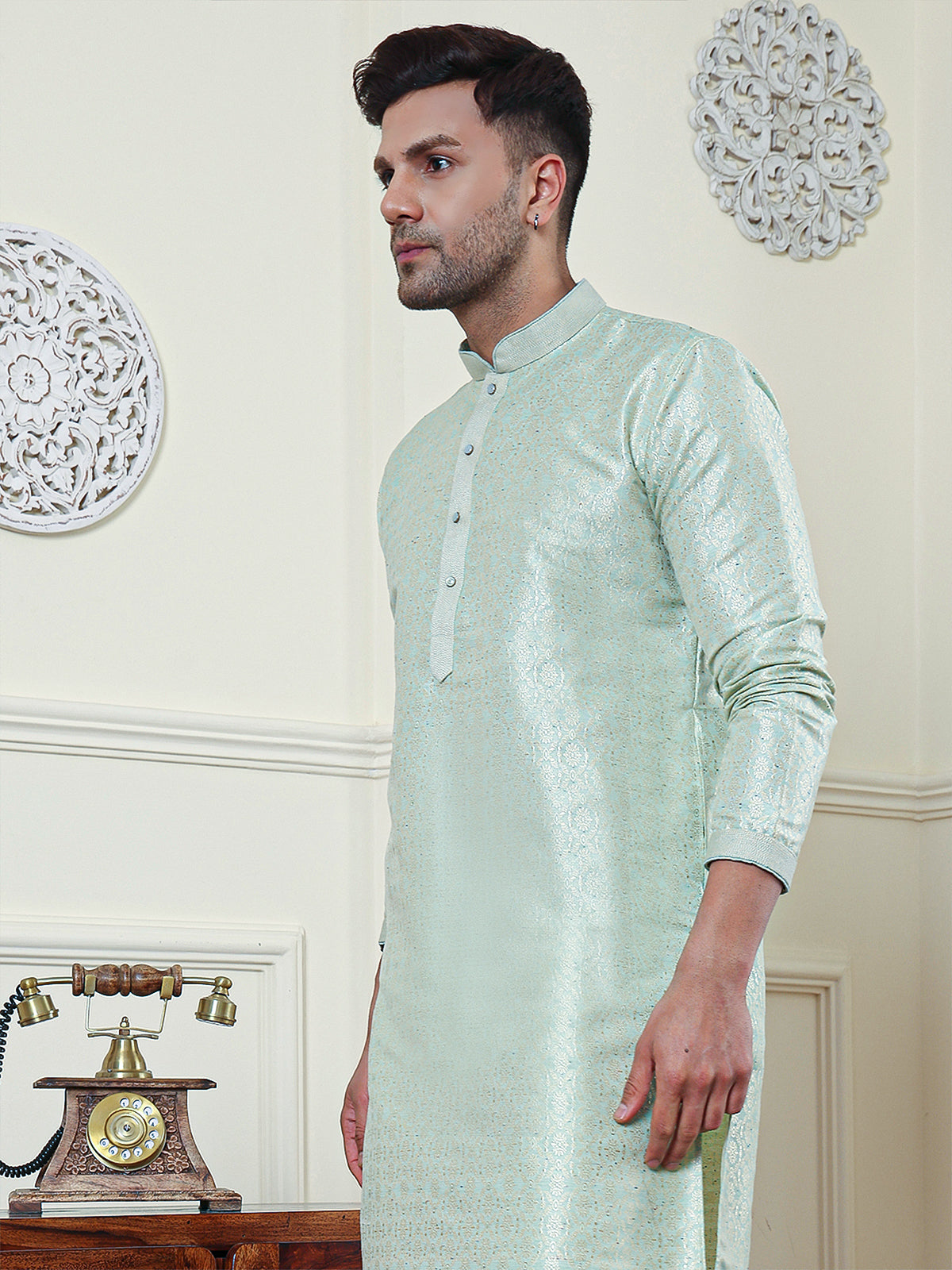 Zinnias | Elegance Light Green Jacquard Men's  | Mandarin Collar Kurta