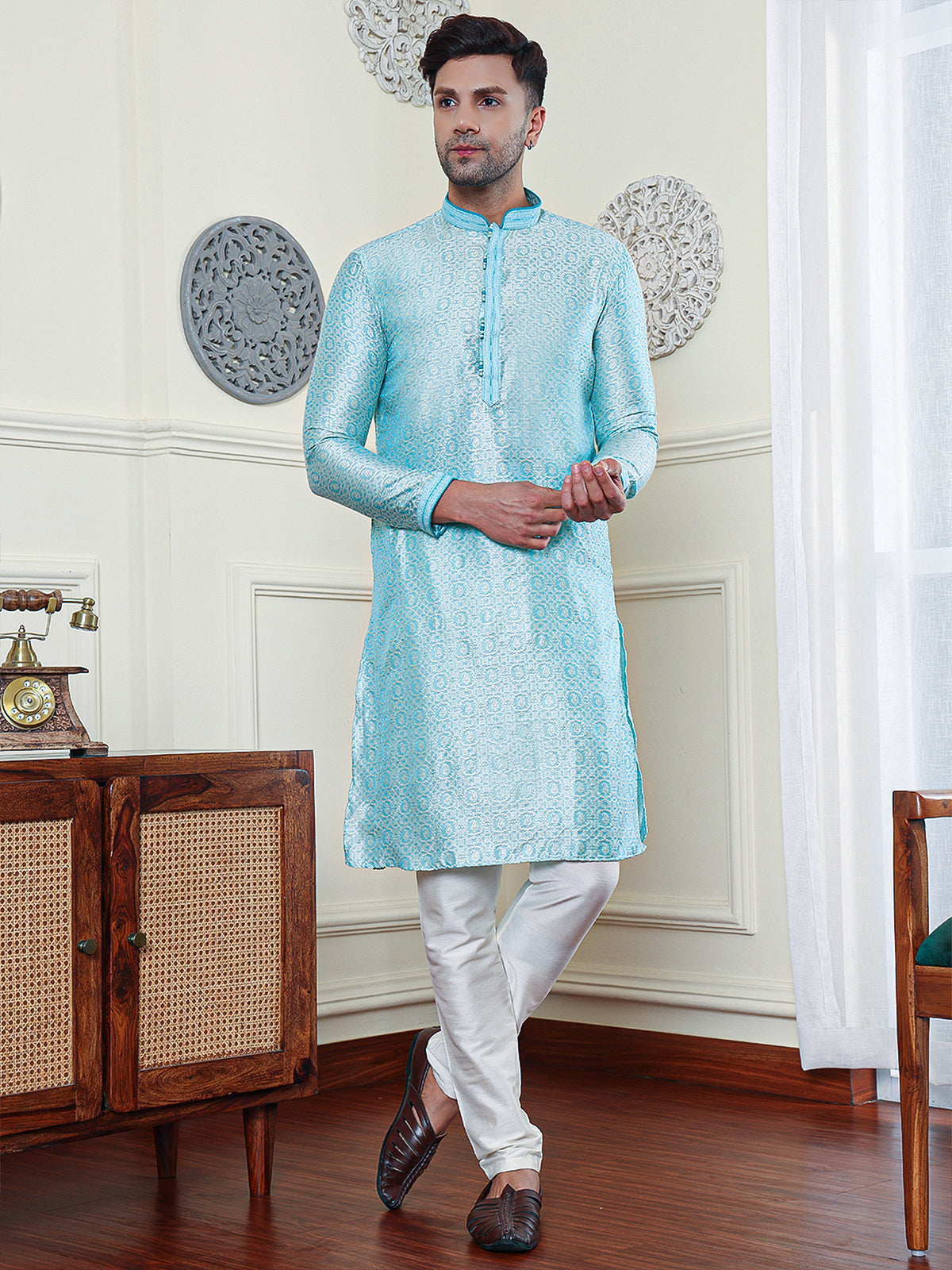 Bluebell | Elegance Sky Blue Jaquard Men's  | Mandarin Collar Kurta