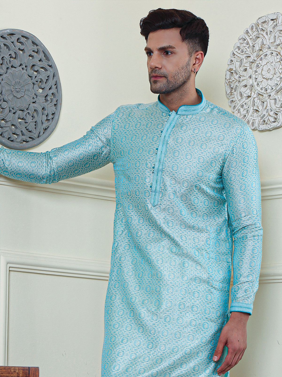 Bluebell | Elegance Sky Blue Jaquard Men's  | Mandarin Collar Kurta