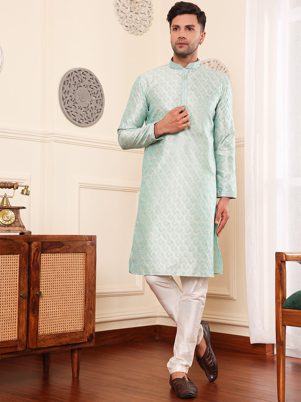 Moonstone | Elegance Sky Blue Jacquard Men's  | Mandarin Collar Kurta