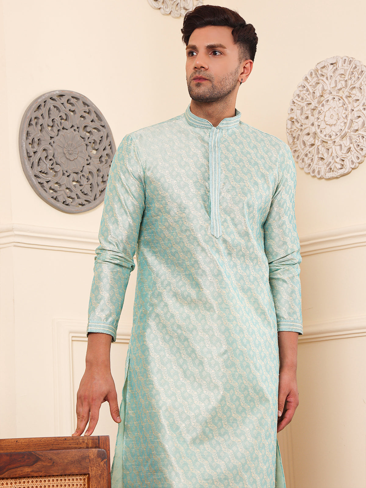 Moonstone | Elegance Sky Blue Jacquard Men's  | Mandarin Collar Kurta