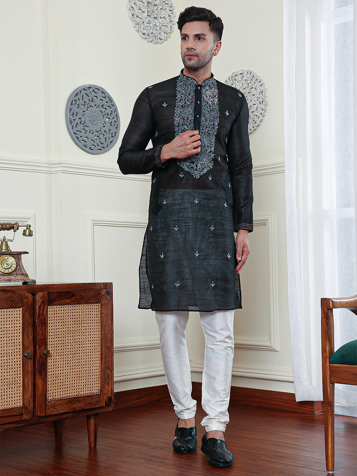 Ebony | Embroidered Designer Black Color Men's  | Mandarin Collar Kurta