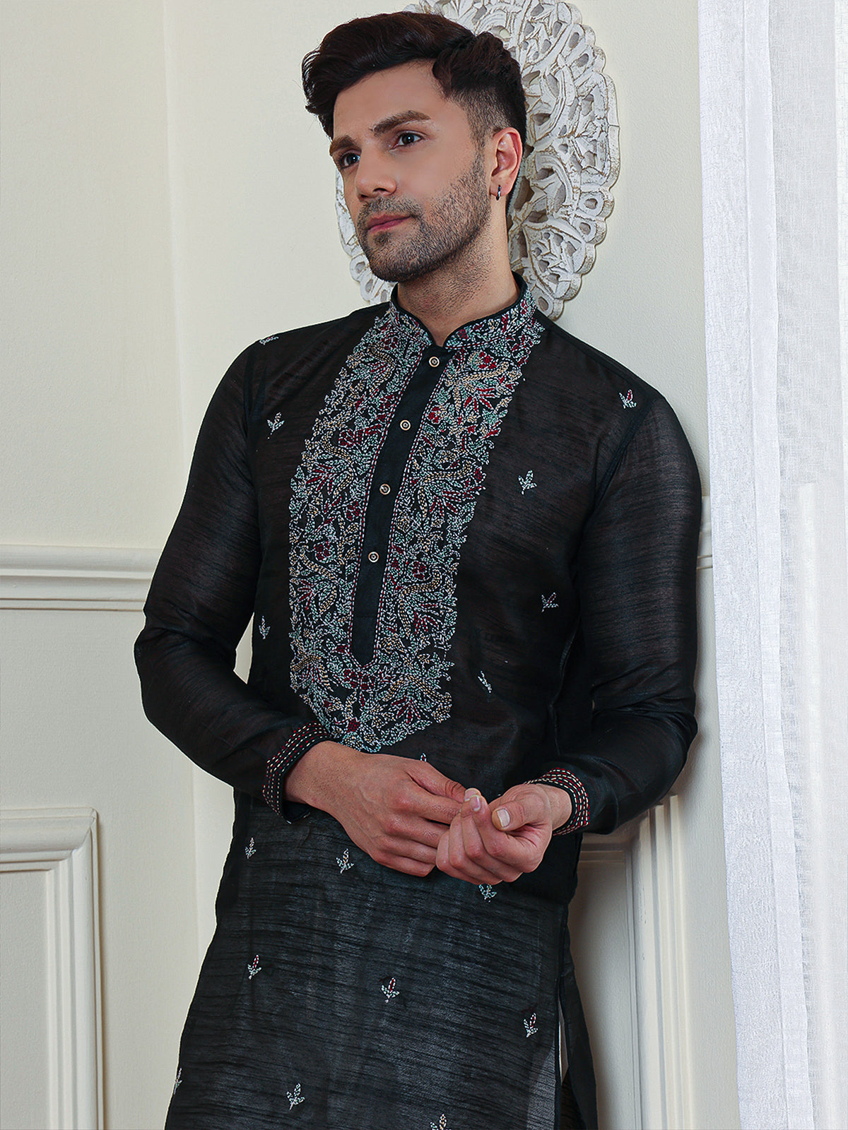 Ebony | Embroidered Designer Black Color Men's  | Mandarin Collar Kurta