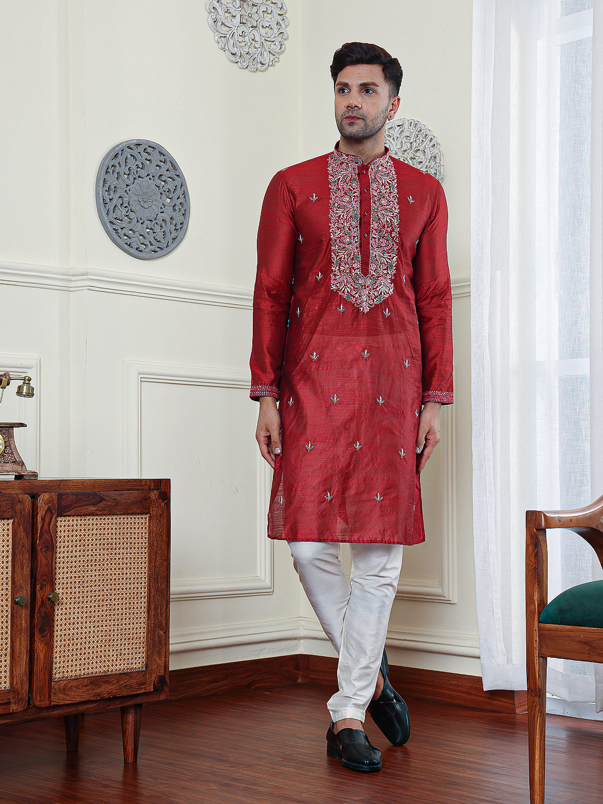 Scarlet | Embroidered Designer Maroon Color Men's  | Mandarin Collar Kurta