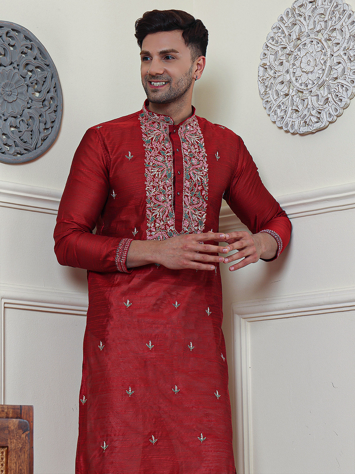 Scarlet | Embroidered Designer Maroon Color Men's  | Mandarin Collar Kurta