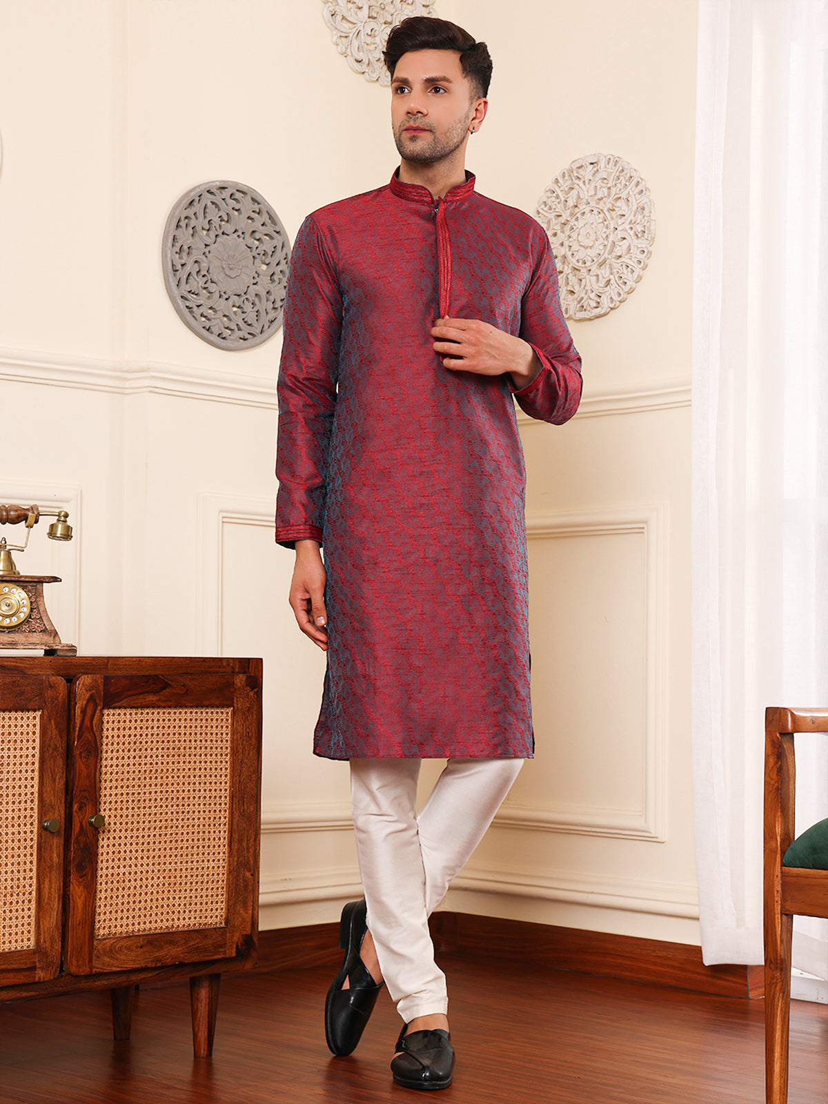 Garnet | Elegance Maroon Jacquard Men's  | Mandarin Collar Kurta