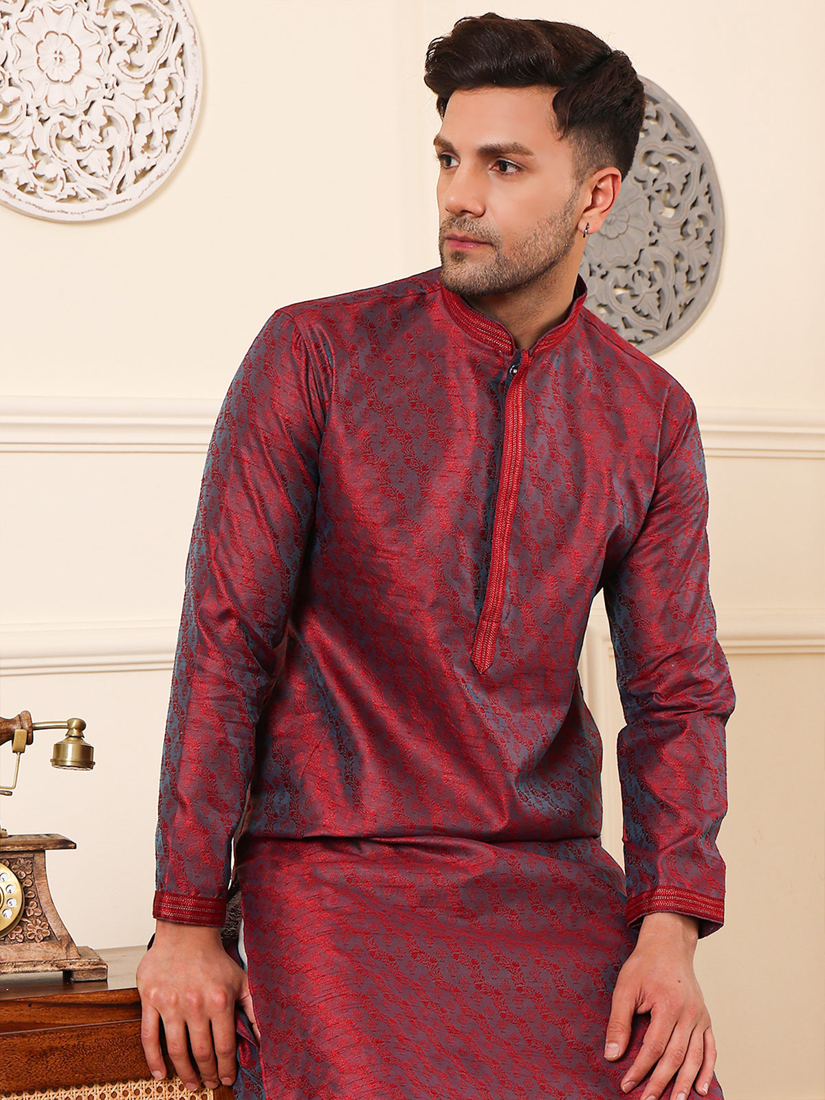 Garnet | Elegance Maroon Jacquard Men's  | Mandarin Collar Kurta