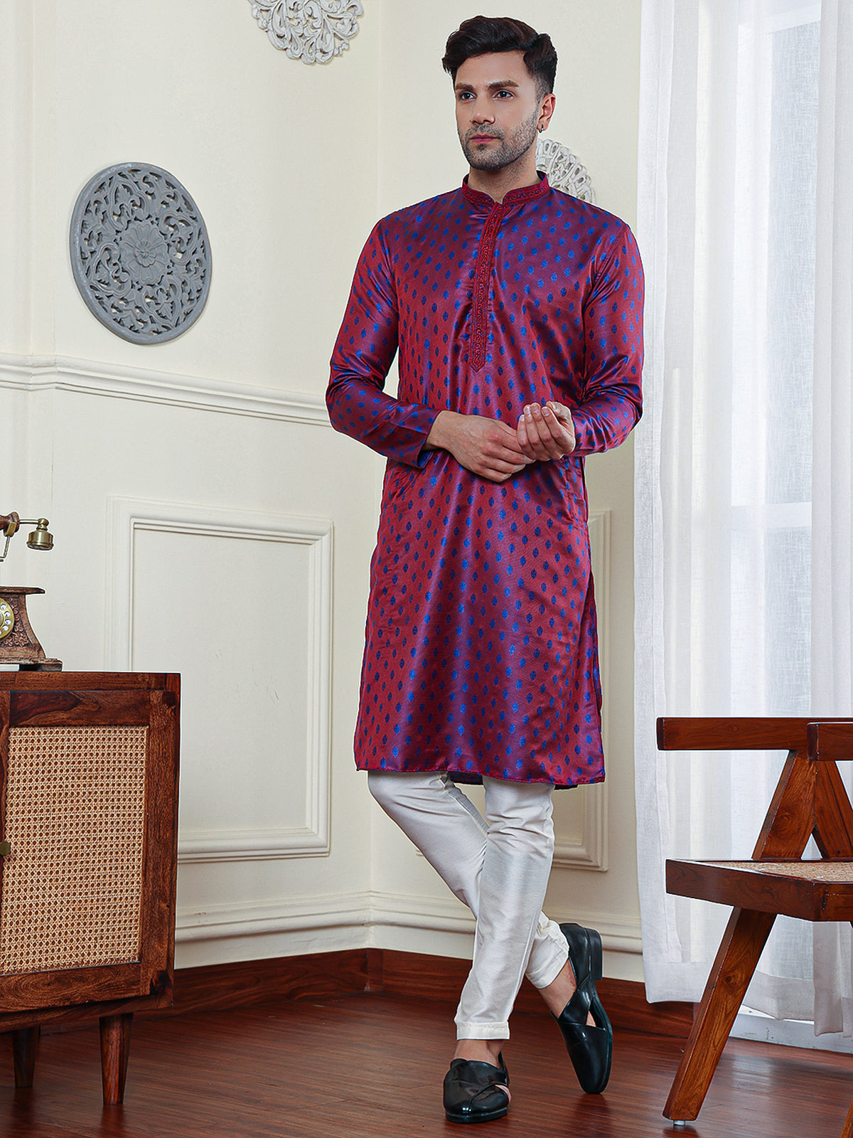 Red Topaz | Elegance Maroon Jacquard Dual Tone Men's  | Mandarin Collar Kurta