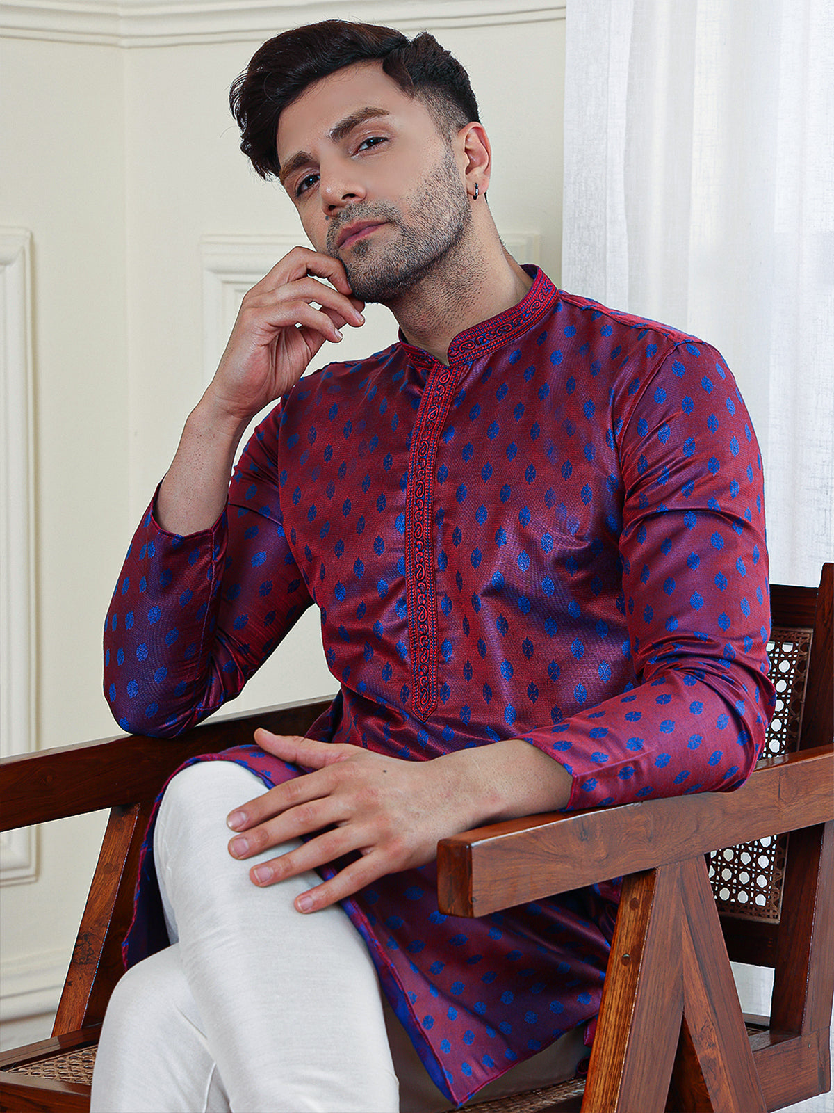 Red Topaz | Elegance Maroon Jacquard Dual Tone Men's  | Mandarin Collar Kurta