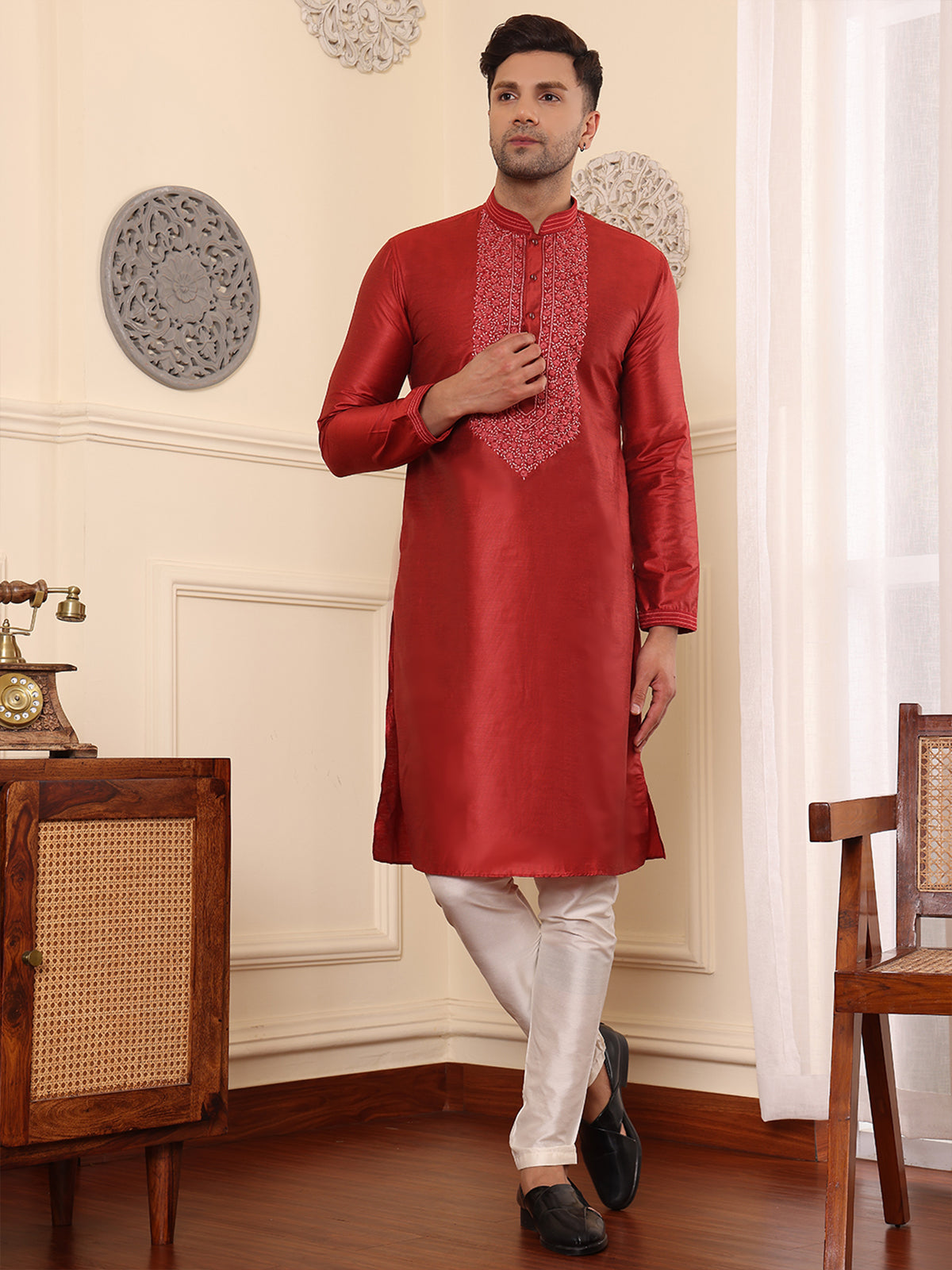 Firebrick | Embroidered Designer Maroon Color Men's  | Mandarin Collar Kurta