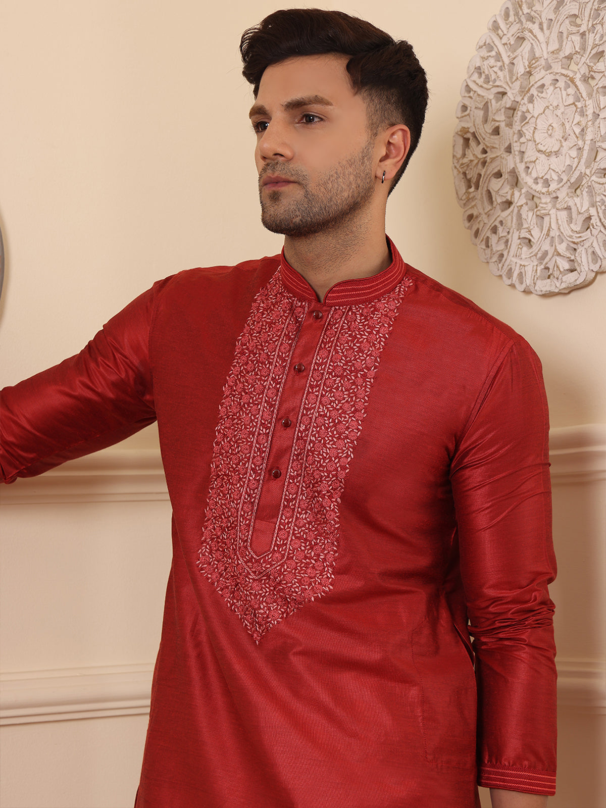 Firebrick | Embroidered Designer Maroon Color Men's  | Mandarin Collar Kurta