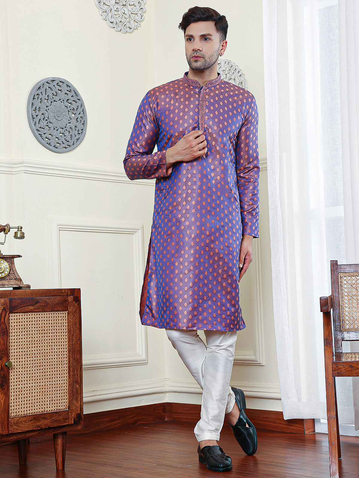 Spinel | Elegance Navy Blue Jacquard Dual Tone Men's  | Mandarin Collar Kurta