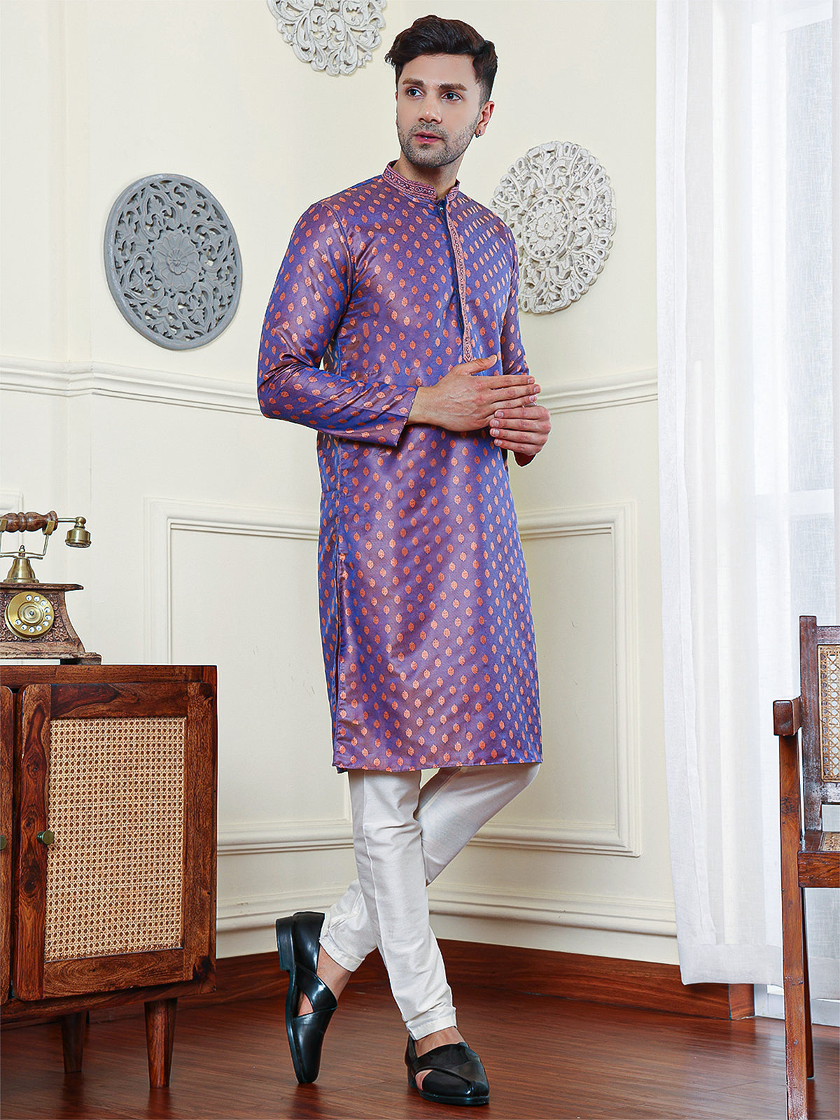 Spinel | Elegance Navy Blue Jacquard Dual Tone Men's  | Mandarin Collar Kurta