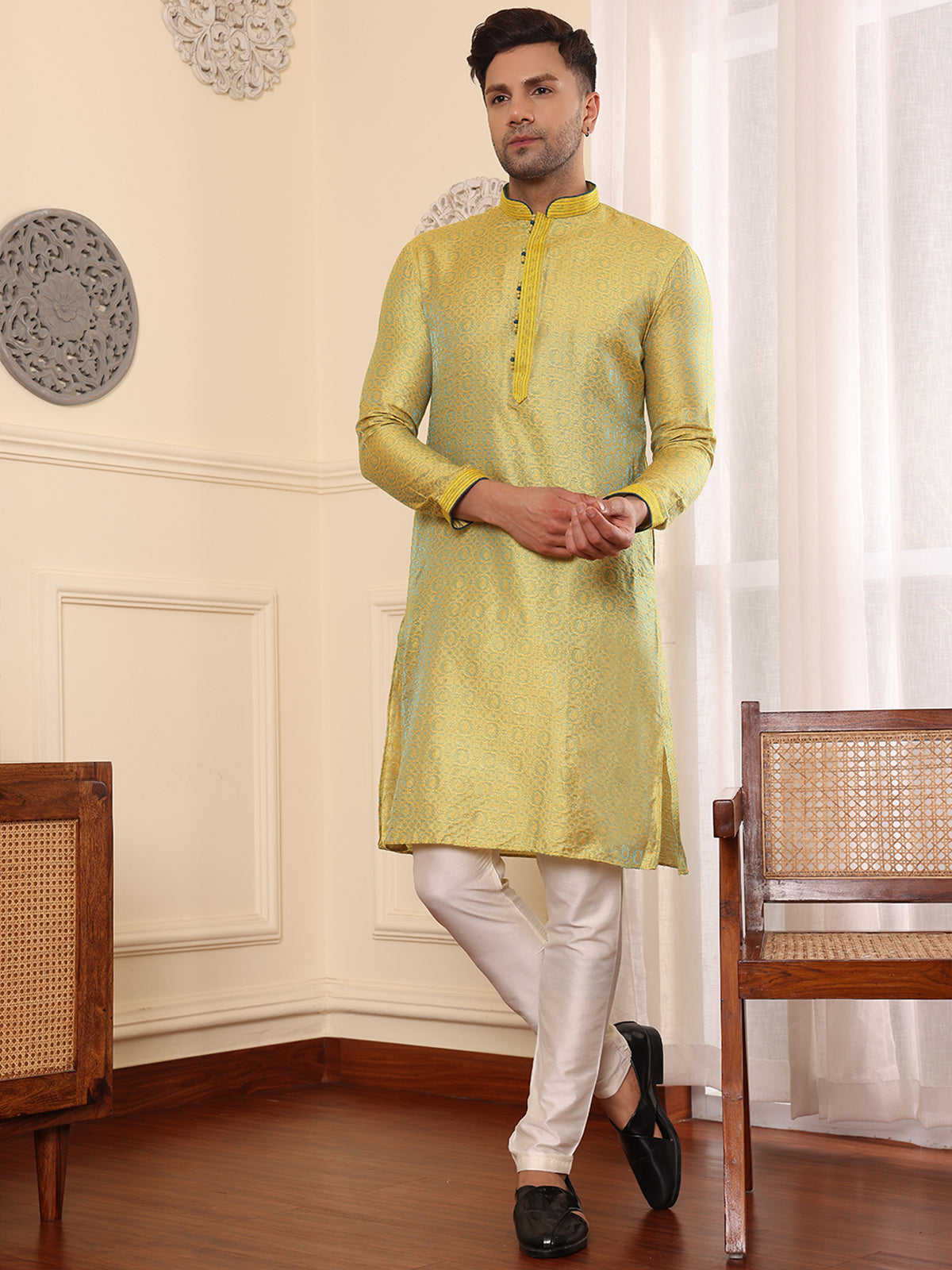 Coreopsis | Elegance Yellow Jaquard Men's  | Mandarin Collar Kurta