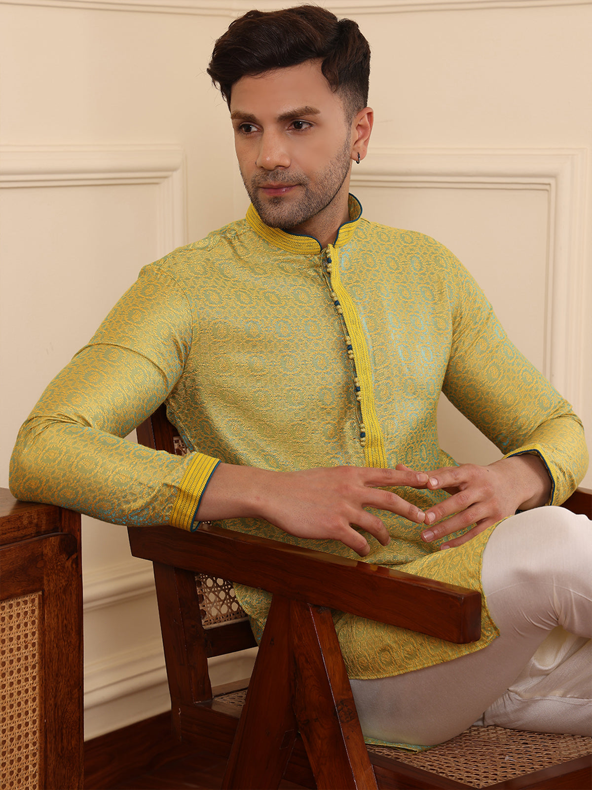 Coreopsis | Elegance Yellow Jaquard Men's  | Mandarin Collar Kurta