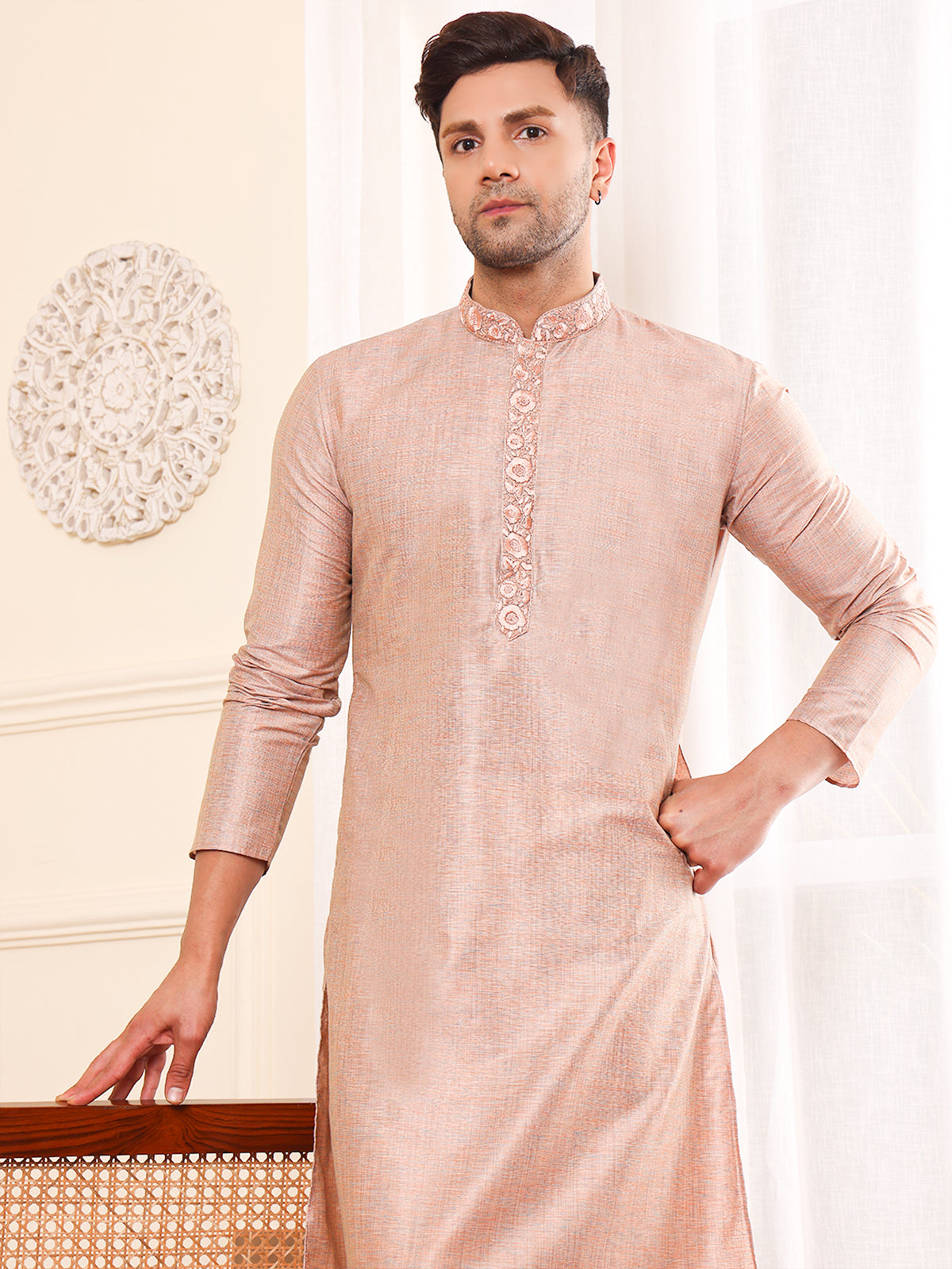 Celosia | Embroidered Designer Copper Color Men's  | Mandarin Collar Kurta