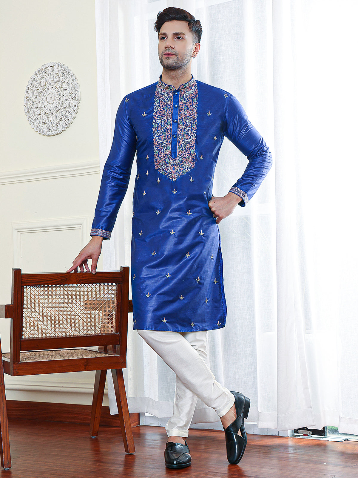 Indigo | Embroidered Designer Navy Blue Color Men's  | Mandarin Collar Kurta