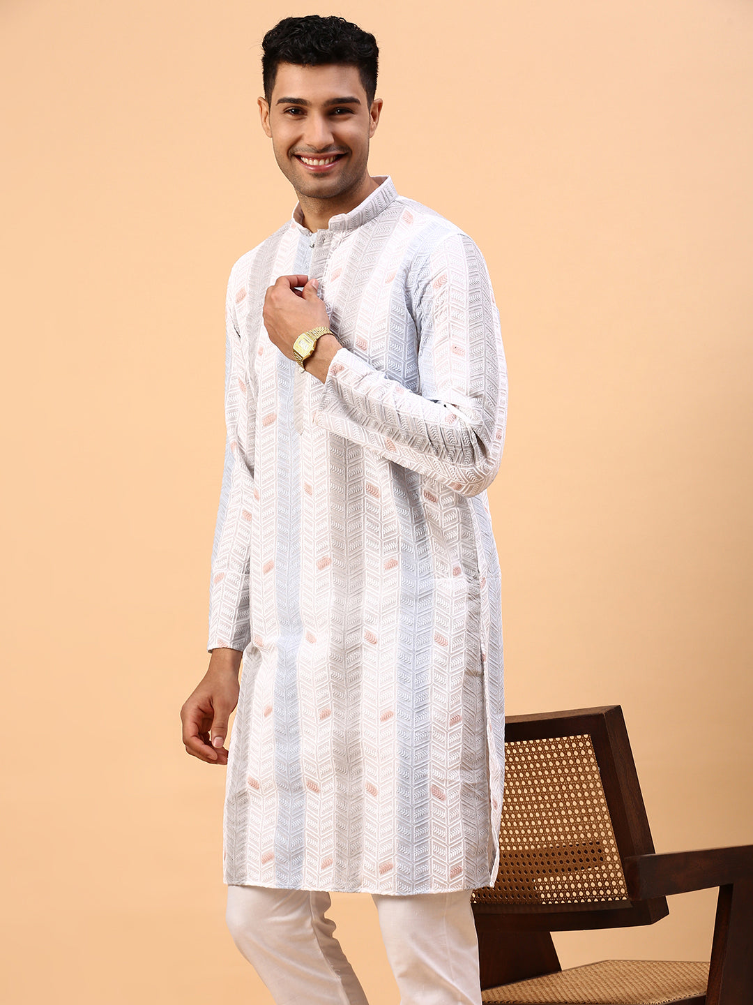 Silver Arced | Traditional Gray Color Men's  | Mandarin Collar Kurta