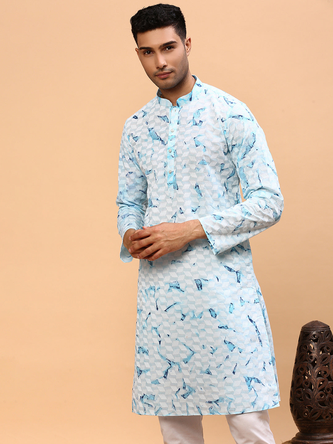 Mimosa  | Traditional Sea Blue Color Men's  | Mandarin Collar Kurta