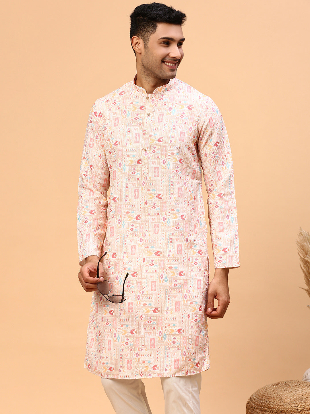 Molten Cream  | Traditional Cream Color Men's  | Mandarin Collar Kurta