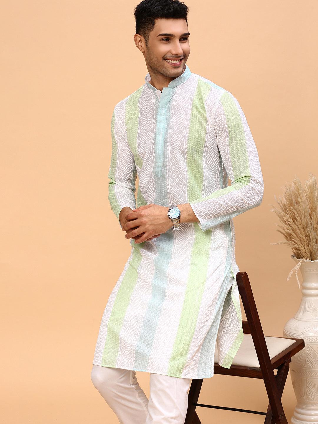 Forest Love | Traditional Light  Green Color Men's  | Mandarin Collar Kurta