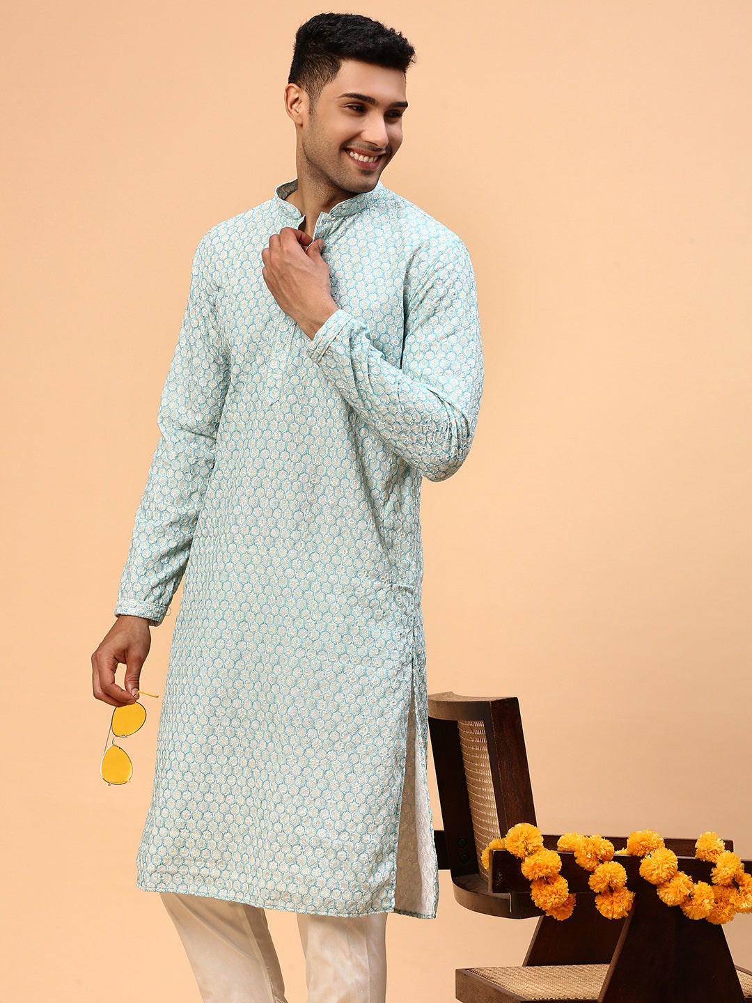 Iced tea | Traditional Blue Color Men's  | Mandarin Collar Kurta