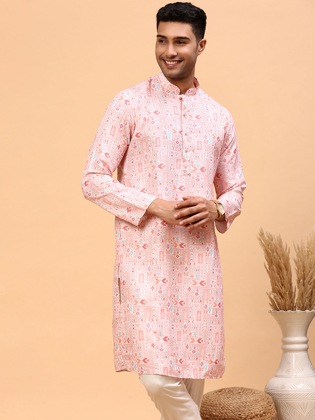 Pink virgin  | Traditional Pink Color Men's  | Mandarin Collar Kurta