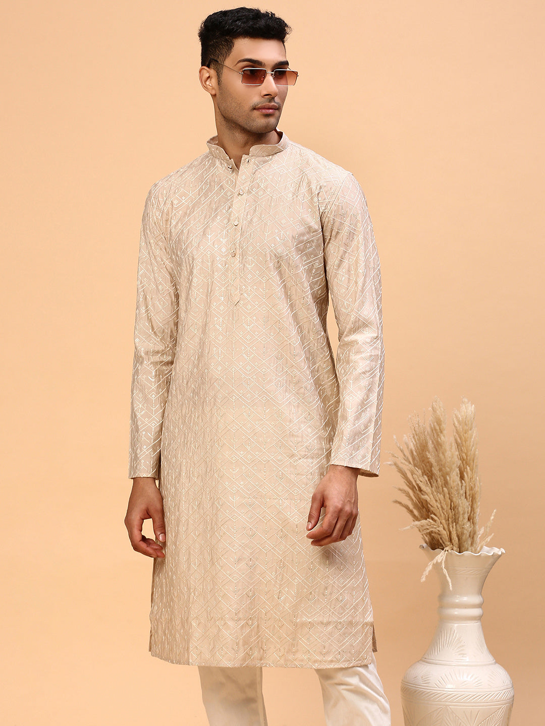 Fuzzy Peach  | Traditional Peach Color Men's  | Mandarin Collar Kurta