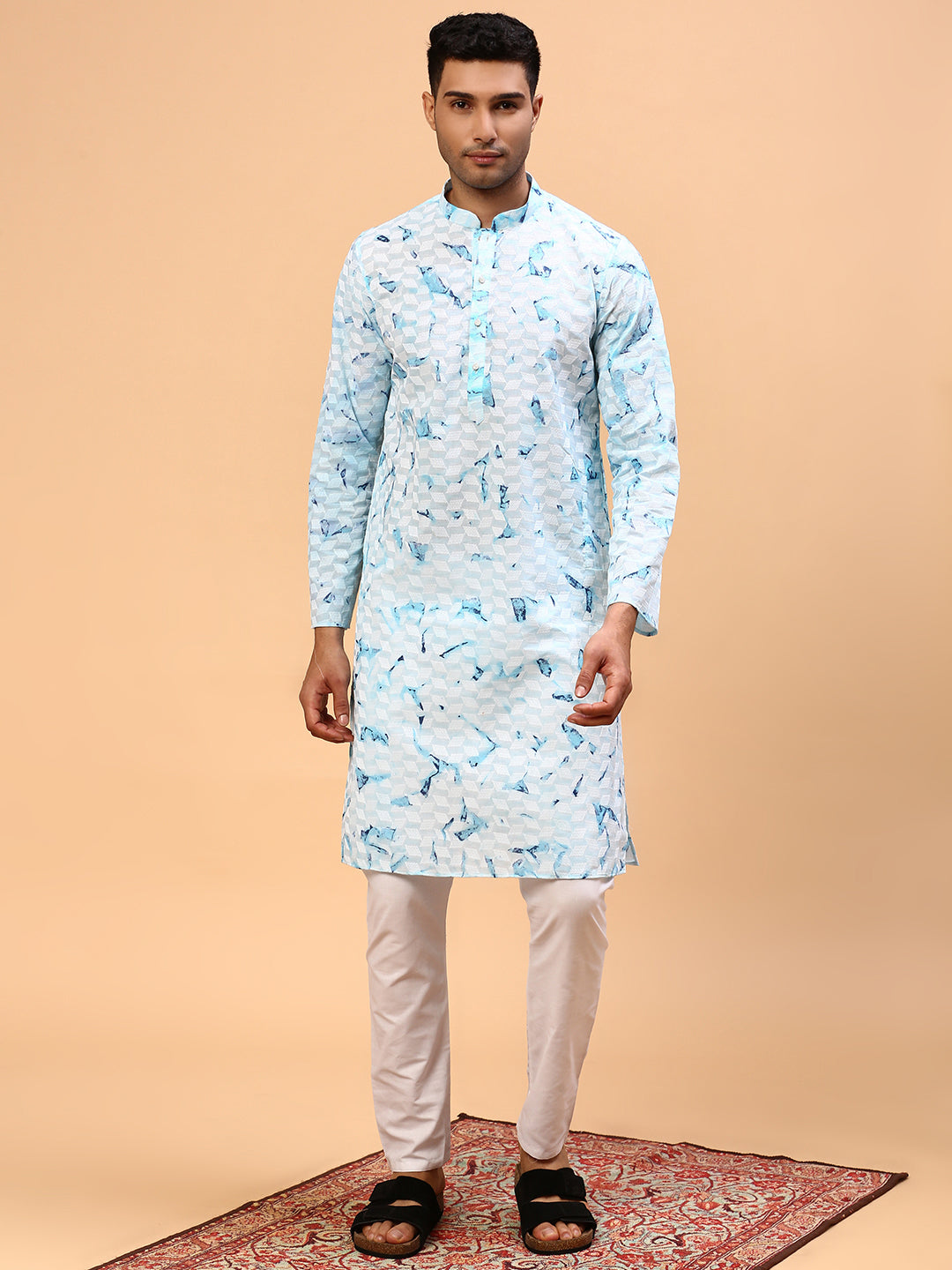 Mimosa  | Traditional Sea Blue Color Men's  | Mandarin Collar Kurta