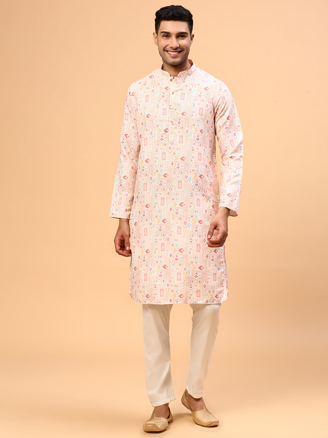 Molten Cream  | Traditional Cream Color Men's  | Mandarin Collar Kurta