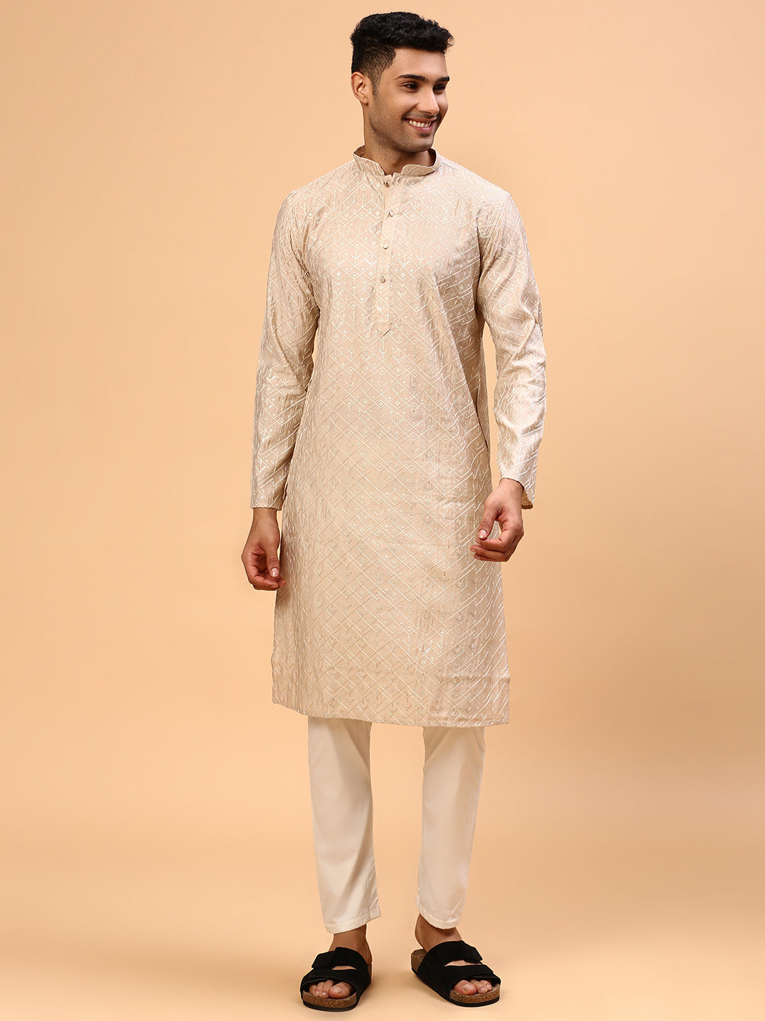 Fuzzy Peach  | Traditional Peach Color Men's  | Mandarin Collar Kurta