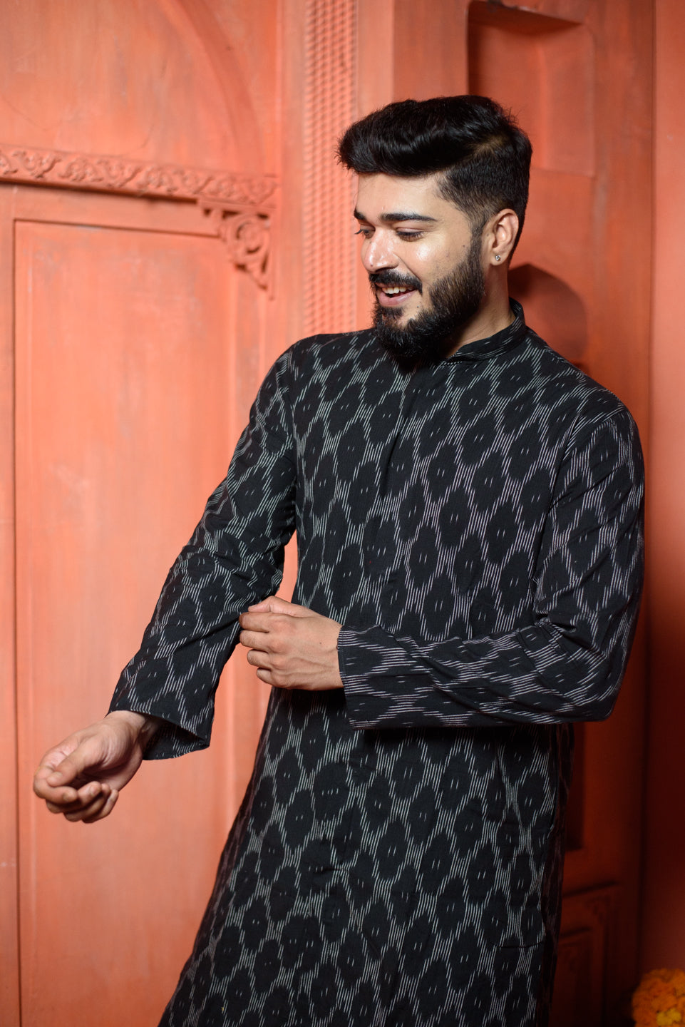 Ikat | Elegance Black Cotton Ikat Men's | Mandarin Collar Kurta